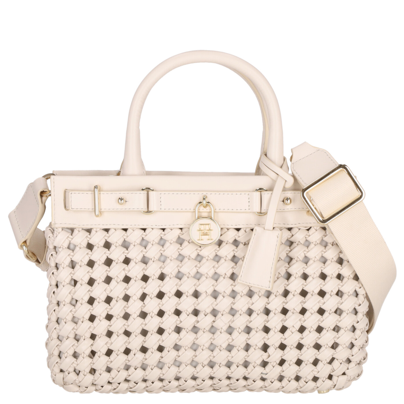 Tommy Hilfiger Henkeltasche American Icon Mini Tote Le Wo sugarcane woven, Damen Handtasche weiss aus Leder
